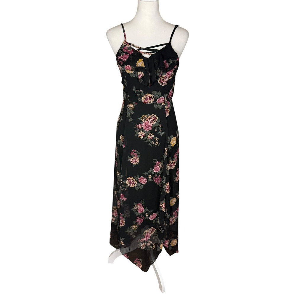 Floral Chiffon Maxi Dress Black Pink Rose Handkerchief Hem Small NWT Whimsigoth